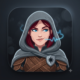 Melue character icon — a hooded rogue with dark red hair and a black-star crest, a soundwave curling past her lips